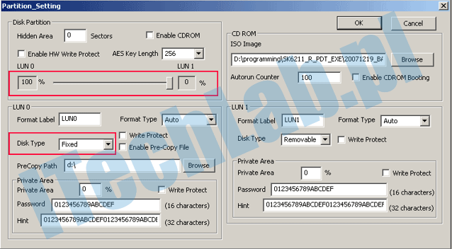 Konfiguracja partycji pendrive w programie narzędziowym Skymedi, okno Partition_Settings, jedna partycja LUN 0 dla całej pojemności pendrive
